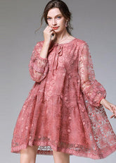 Vestido de fiesta de encaje de primavera de moda rosa elegante de manga larga